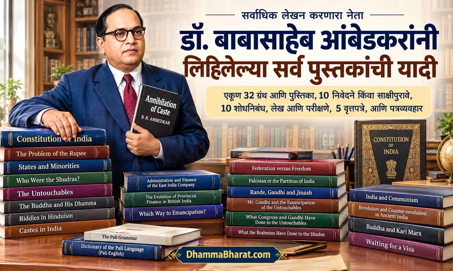 डॉ. बाबासाहेब आंबेडकरांनी लिहिलेल्या सर्व पुस्तकांची यादी – त्यांचे महत्त्वपूर्ण ग्रंथ, शोधनिबंध, लेख आणि साहित्यिक योगदान | DhammaBharat.com